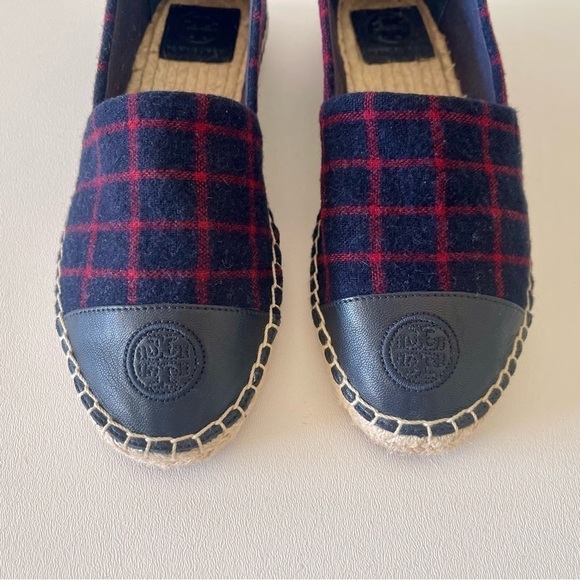 Tory Burch Shoe Espadrille Flat Plaid Check Wool Leather Holiday Blue Red 7.5 - Picture 7 of 13